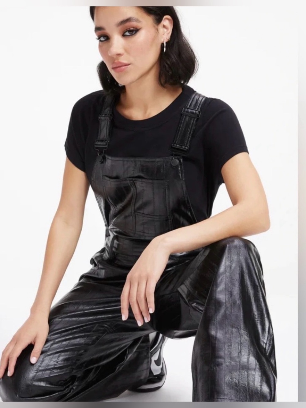 GOOD AMERICAN Better Than Leather Overalls faux leather black overalls 28